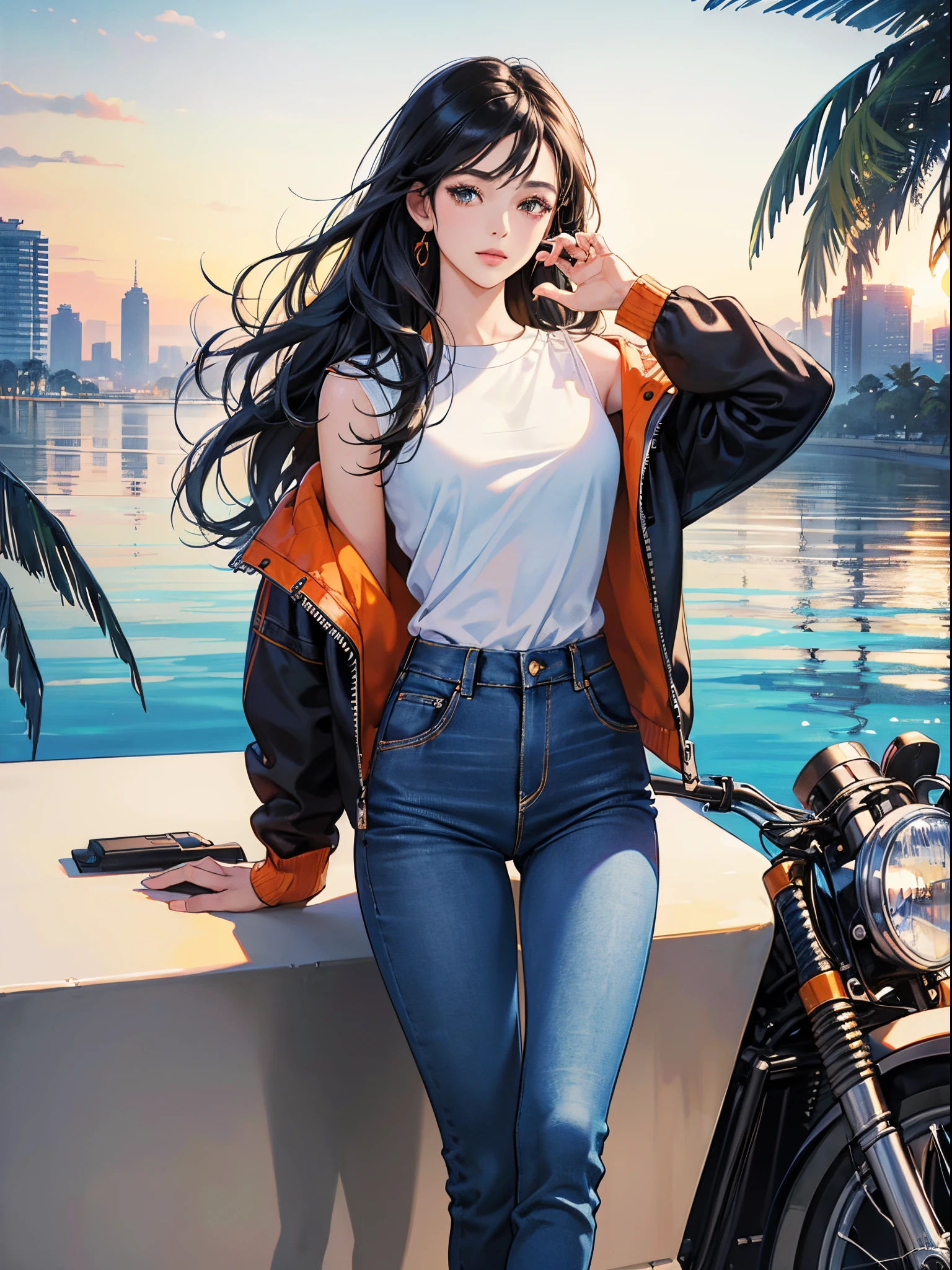 Orange and Indigo Keynote Speech、Vibrant colors、((masterpiece)))、(((top-quality)))、((ultra-detailliert))、(A hyper-realistic)、(highly detailed CGillustration)、Official art、CD cover、urbane、City Pop、Palm trees、seaside、Long Black Hair、It will be、Cool feeling、Mid summer、Stylish、glorious 1980s、Cool Beauty、cochetti gorgeous、matchless beauty、jaket、jeans、Female Solo、Perfect Angle、perfect-composition