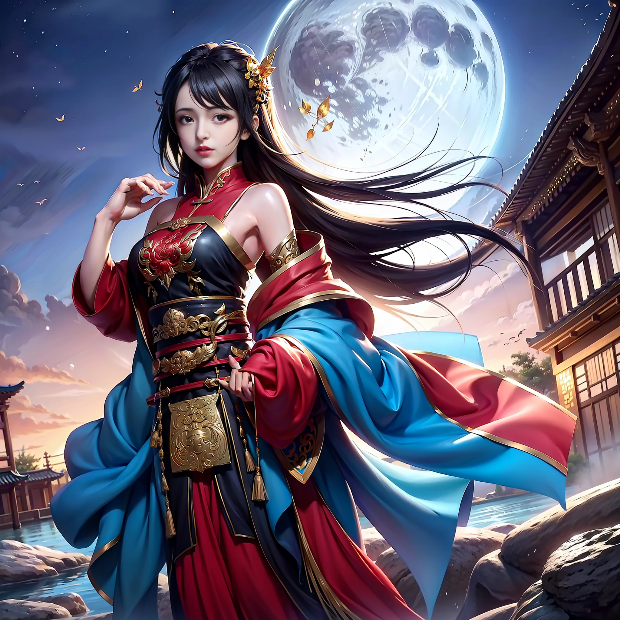 (8k, RAW photo:1.2), best quality, ultra high res, dramatic angle, (fluttered detailed color splashes), (illustration), (((1 girl))), (long hair), (rain: 0.9), (headdress: 1.4), there is an old palace next to the girl, Hanfu, (emphasis), Color ink painting, (splash color), splash color, (((color))), (sketch: 0.8), Masterpiece, best quality, beautiful painted, highly detailed, (denoising: 0.6), [splash ink],  ((ink refraction)), (beautiful sky detailed), moon, highly, detailed, (masterpiece, best quality, extremely detailed) CG 8k wallpaper unit, masterpiece, best quality, super detailed), (garlic),