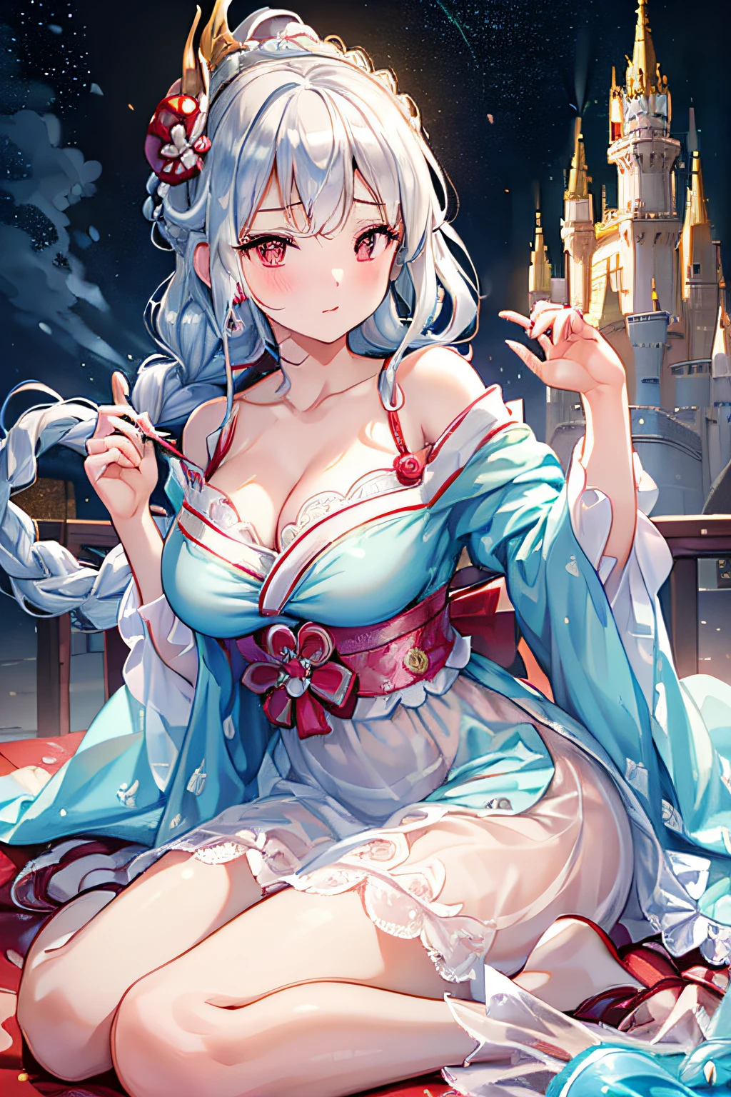 (ukiyoe painting:1.3),(3D Animation:1.3),(Grimm fairy tale world),(Aschenputtel,Cinderella,princess covered in ash:1.3),(Cinderella's Castle in the background:1.3),(((lace off shoulder white dress))),.(Make the subject look three-dimensional with the contrast of light and shadow),Cute and beautiful girl,Cute round face,Cute smile,with blush cheeks,Red Lip,(silver white hair,Floral braided headband,half up、Floral Braided Space Van,Voluminous Fishtail Braids,Twisted chignon,),(Bangs are see-through bangs),hair pin,hair adornments,detailed clothes features,Detailed hair features,detailed facial features,(Dynamic angles),(Dynamic and  poses),profetional lighting,Cinematic Light,(masutepiece,top-quality,Ultra-high resolution output image, depth of fields,) ,(The 8k quality,depth of fields,Anatomically accurate facial structure,),(Sea Art 2 Mode:1.3),(Image Mode Ultra HD,)