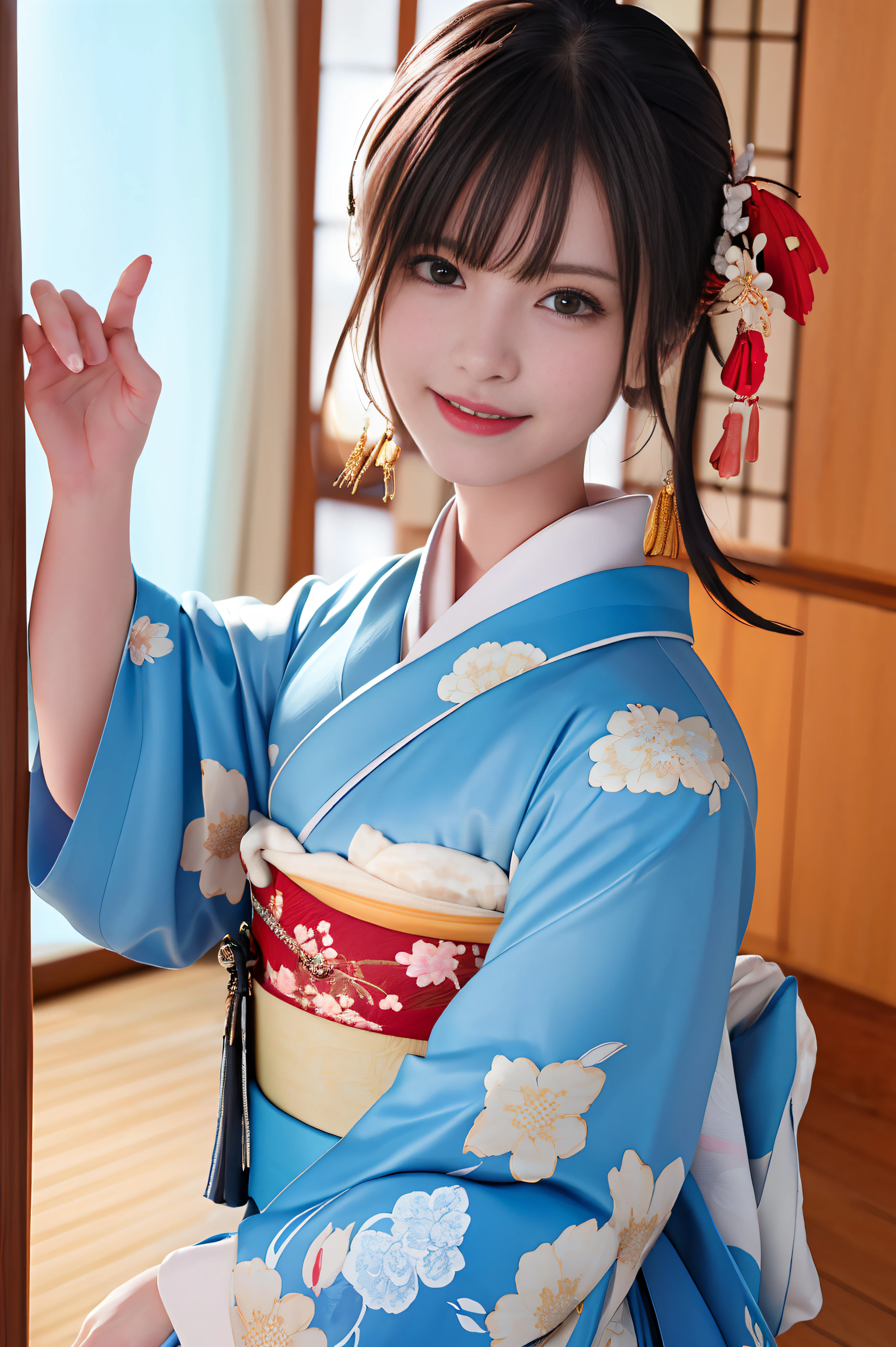 (8K、Raw photography、top-quality、hight resolution:1.2)、(realisitic、photoRealstic:1.5)、1人、独奏、de pele branca、美丽的面容、Cute and very detailed eyes、Cherry-heart-shaped lips、The upper part of the body、Kimono、Professional filming