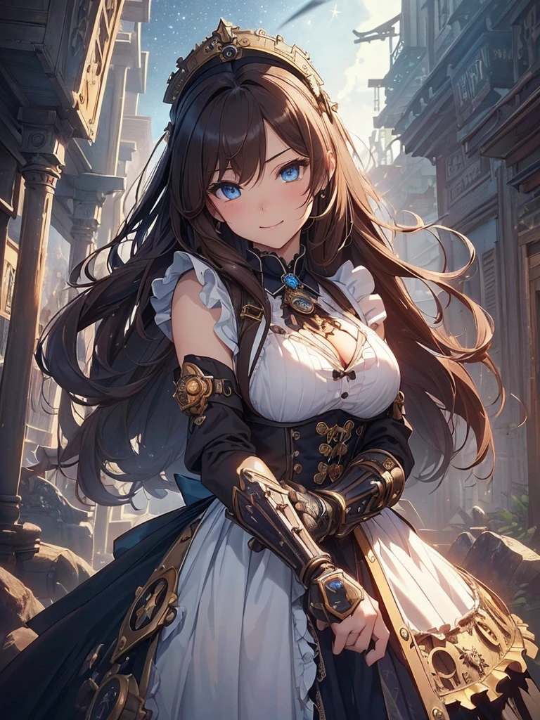top-quality、Top image quality、​masterpiece、Beautiful Gothic girl((24 year old、Best Bust、big bast、Bust 90,Beautiful blue eyes、,Brown hair long hair、A slender、a closeup、steampunk cannon、Holding a large sword that emits light with both hands、Cool pose、fight、Esbian、Gothic Maid costume、beautiful apron、hiquality、Beautiful Art、Background with((starrysky)))masutepiece、visualart、depth of fields、low angle of morning sky、、、🎵、Happy smile、Gentle light、、Beautiful skins、beutiful breast、beautiful foot、welcome、、accurate fingers、Exact finger count、nffsw、steampunc、Lots of gears、Magnificent nature、Artistically、gothic magic、action scene、Fight giant robot monsters、Great angle、Battle Scenes、steampunk fantasy、