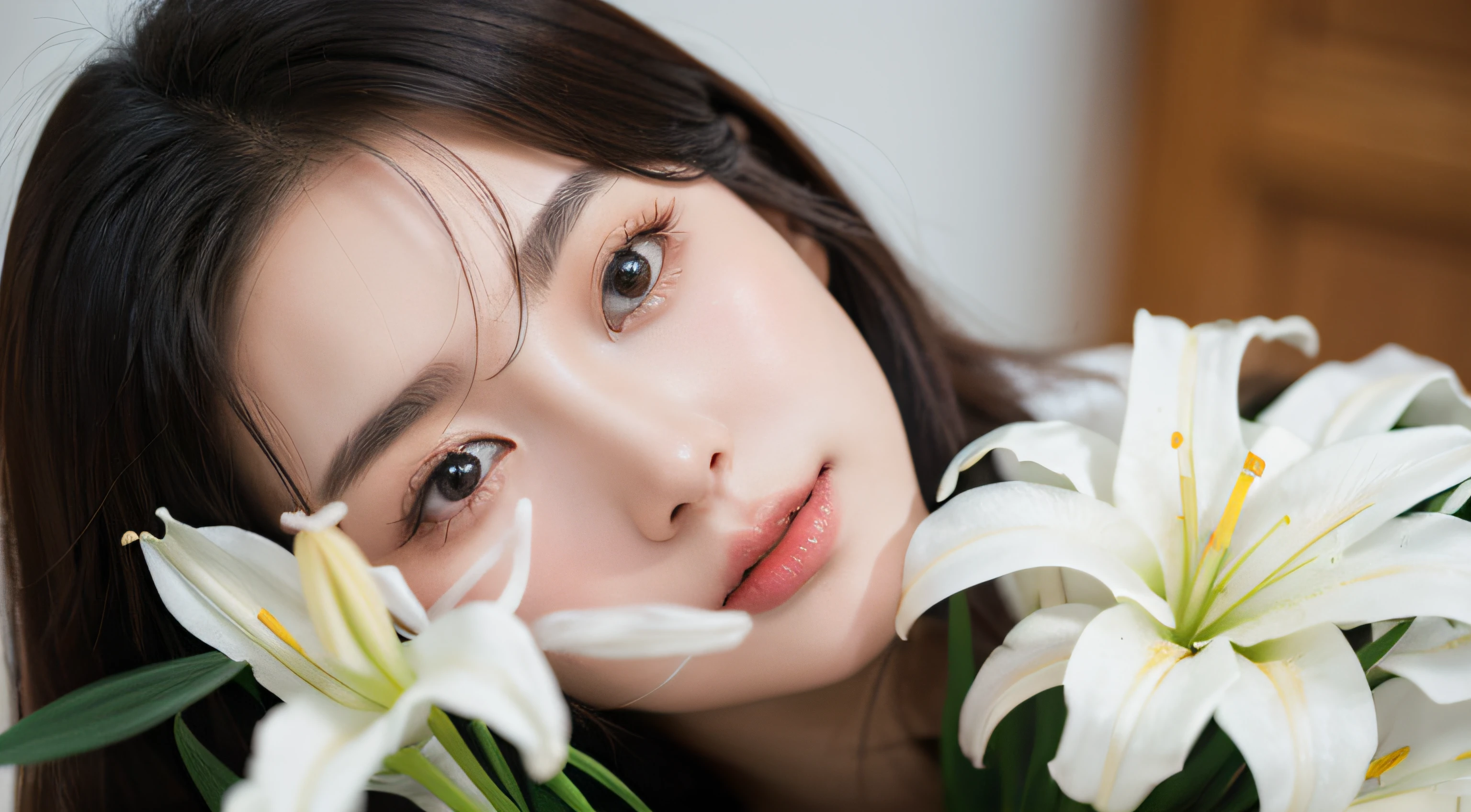 holding many white lilies,Beautifully packaged,1人の女性,Young Korean woman,Straight dress,Harmonious color combination,4K,Clear facial contours,closeup shot of face,Lateral face,Holding flowers