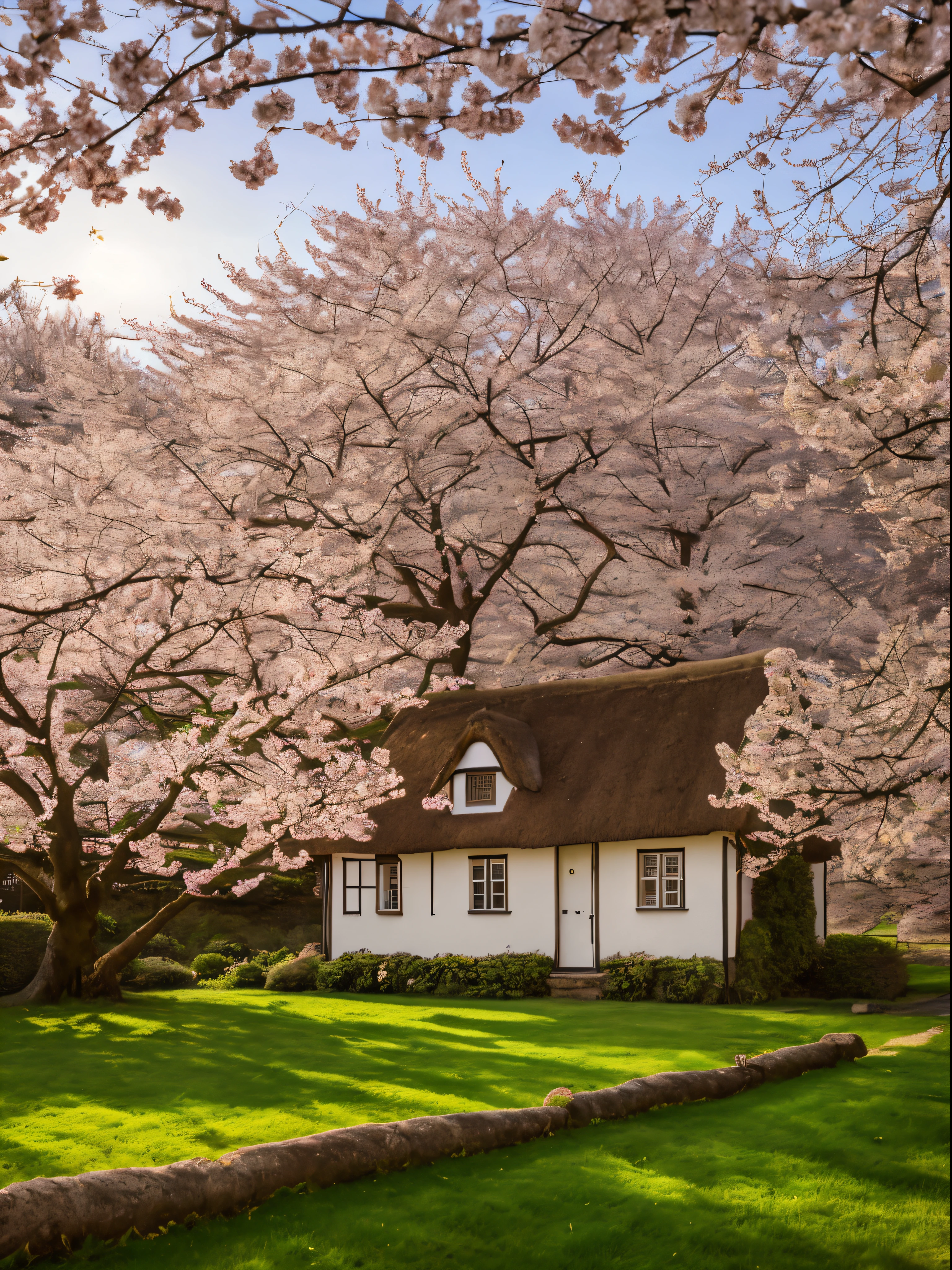 cherry blossom tree, rustic english thatched white cottage, spring, sunrise, dramatic lighting, picture postcard, lawn, white fence