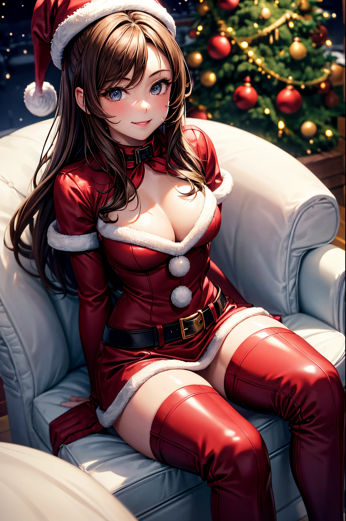 sksbrooke person, sksbrooke, (masterpiece:1.2), (best quality:1.2), perfect eyes, perfect face, 1girl, solo, brown eyes, (medium breasts), perky breasts, seductive look, santa outfit with santa hat and thigh high red boots, nighttime snow village with christmas tree lit in the background, standing, sitting in santa chair, top view, smiling