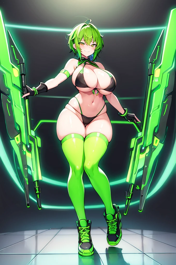 1girl, large breasts, breasts, thick thighs, wide hips, green hair, very short hair, short hair, yellow eyes, bikini, black bikini, neon trim, green neon trim, smile, smirk, smug, futuristic, science-fiction, tech, shoes, sneakers, green neon trim, green trim, v-string, full body