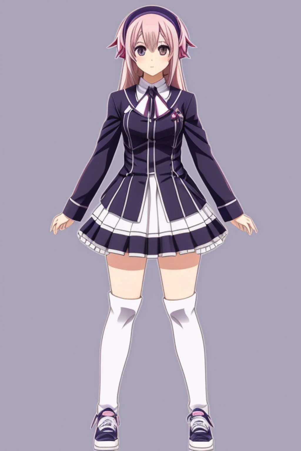 anime vTuber character sheet containing full body shot of an anime girl standing in T-pose. character is facing directly at the camera and is perfectly symmetric.