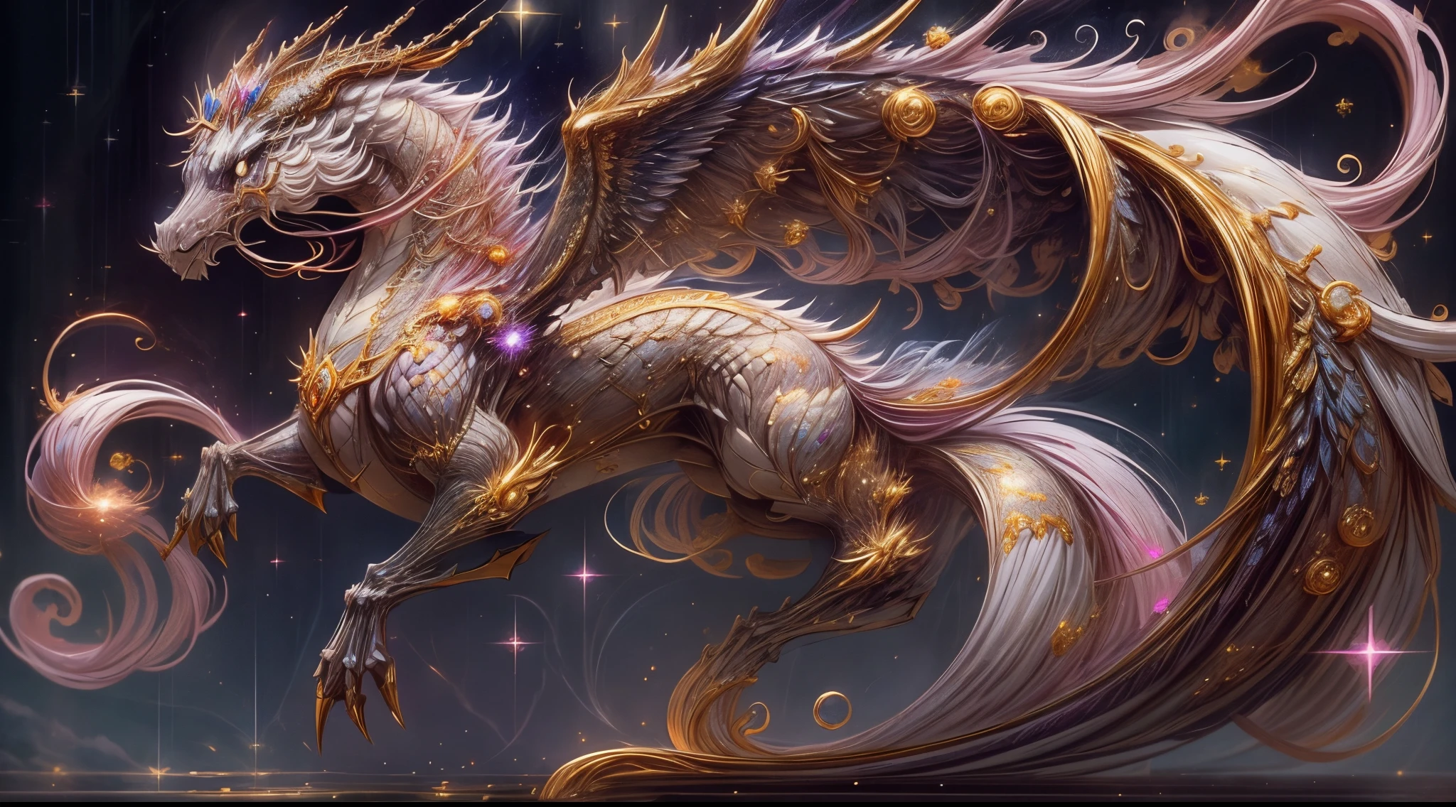 Resplendent, golden scales that capture the light beautifully. Your natural armor is a masterpiece of nature, Centennial Sapphire Eyes emanating an intense light Imposing and Carved Horns Majestic Wingspan. has wings that extend with grandeur. Garras Afiadas e Poderosas destacam-se nas extremidades de suas patas, Flaming Mane Flames dance in a variety of colors, Elegant Tail with Crystal Tip This magical jewel is a focus for your magical powers and an expression of your unique nature. Postura Real e Confiante. Flying in the starry sky, A cena se concentra distante.
