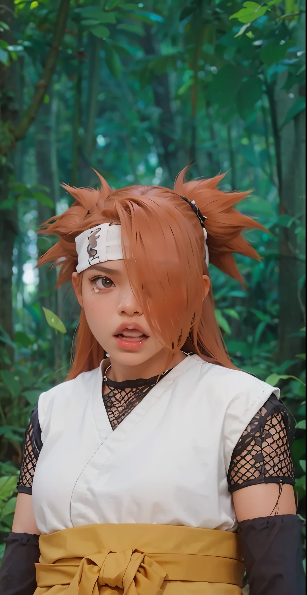 Real life adaption of this character , beauty littrown skin, angry expression,realistic same spiky hair , (realistic same outfit),realistic jungle background , realistic light, realistic shadow, realism, hyper realistic,(photorealistic:1.2), normal small eyes, wear white headband