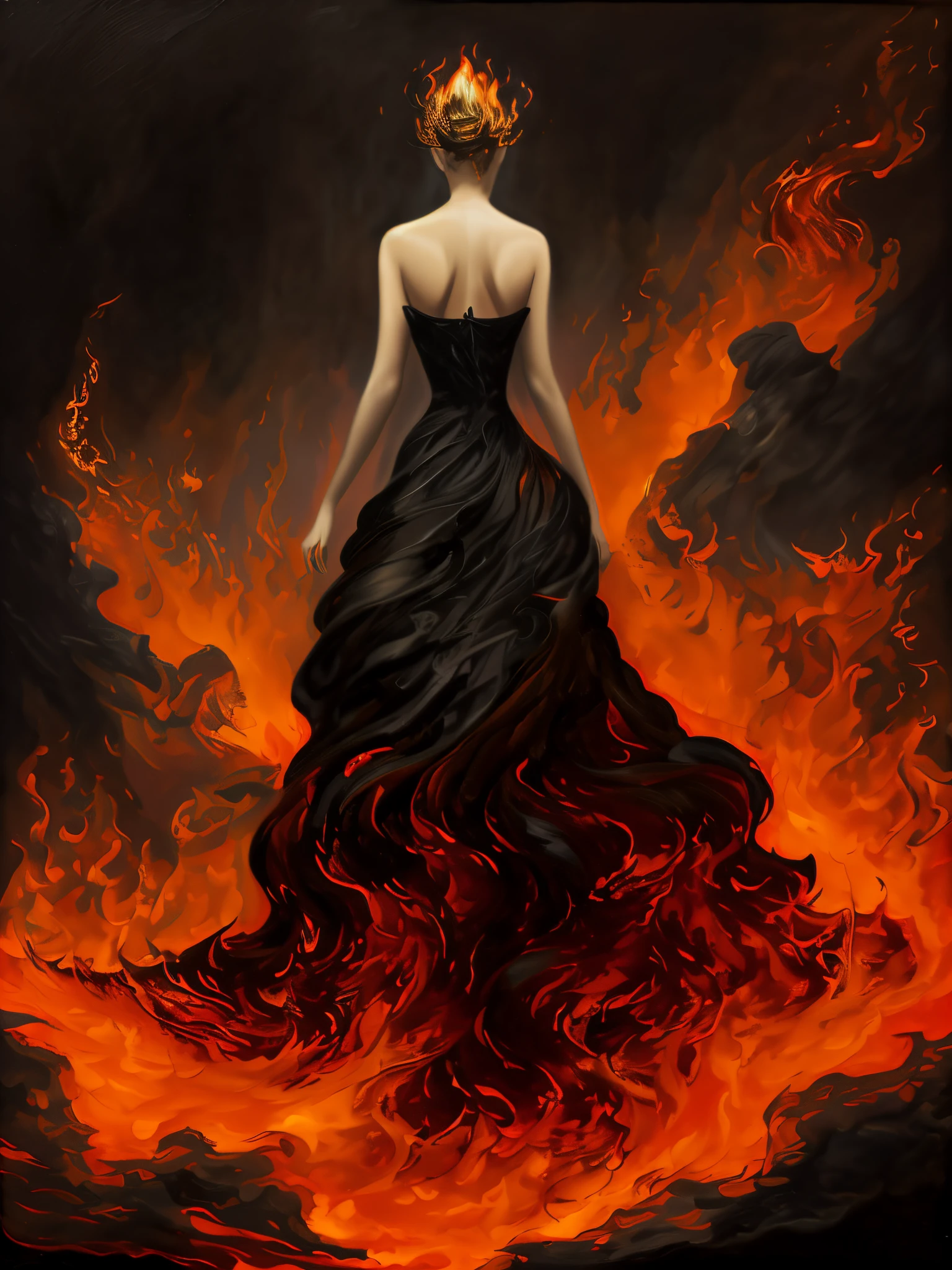The painting shows a woman wearing a black dress standing in the fire, dress made of fire, fire dress, woman made of black flames, Her body is made of fire, Out of the flames, flames surround her, Devoured by swirling flames, the fire goddess, surrounded by flames, Fire Queen, standing in fire, Her hair is made of fire，Amazing Cleavage，Detailed pubic hair，Desire burning，Reborn from the ashes，Burning with desire
