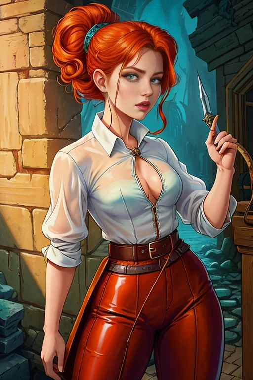 (Face-BarbaraPalvin:0.8) (D&D rogue character:1.2) painting ginger woman auburn hair (updo:1.1) white button shirt see through leather pants pauldron teal armor belts straps detailed background ancient ruins (small_breasts:1.1) (masterpiece) (best quality) (detailed) (8k) (wallpaper) (cinematic lighting) (sharp focus) (intricate) (Style-Autumn:0.5), big breast 