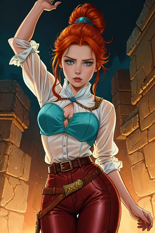 (Face-BarbaraPalvin:0.8) (D&D rogue character:1.2) painting ginger woman auburn hair (updo:1.1) white button shirt see through leather pants pauldron teal armor belts straps detailed background ancient ruins (small_breasts:1.1) (masterpiece) (best quality) (detailed) (8k) (wallpaper) (cinematic lighting) (sharp focus) (intricate) (Style-Autumn:0.5)
