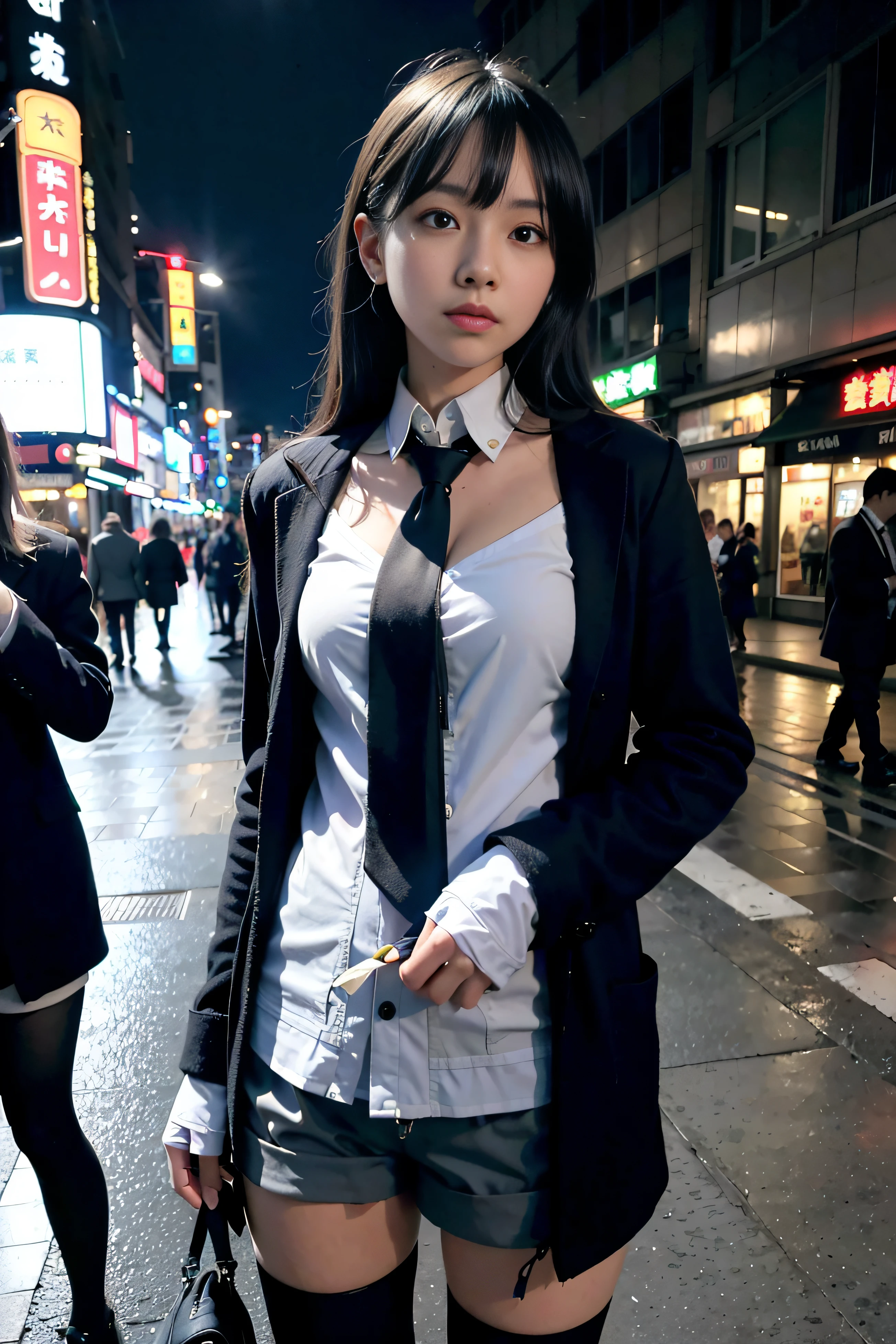 (8K、Rishia's photo、top-quality、masterpiece:1.2)、超A high resolution、(realisitic、Photorealsitic:1.37)、detailed shadow、long short、Omertosa、(full body Esbian:1.2)、(1girl in)、cabelos preto e longos,animal ear,beautidful eyes,耳环, White Short Shirt,long black open sweater coat,Blue tie,Black shorts,wet long stocking,Streets of Tokyo,A city scape,natta,Cyberpunk City,Neon light,(pureerosface_v1:0.7),