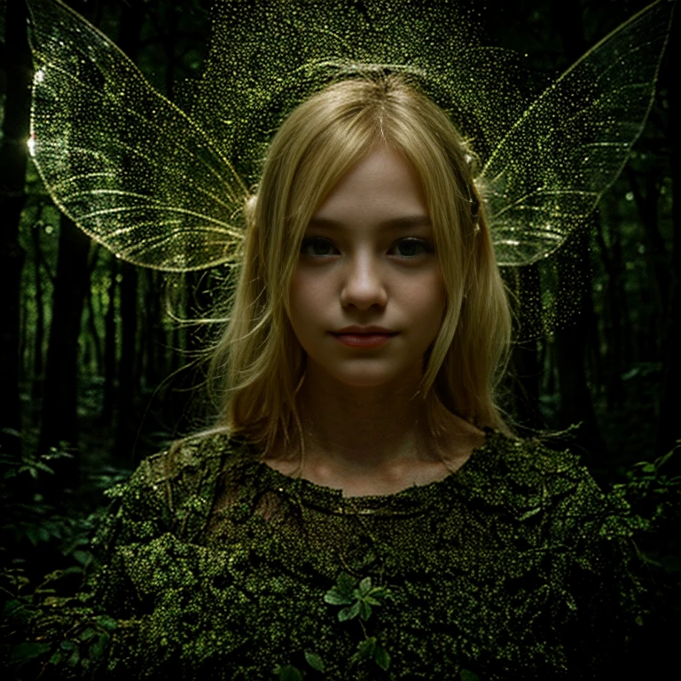 a young fairy, with blonde hair, floating in the dark forest, with transparent wings, beautiful face