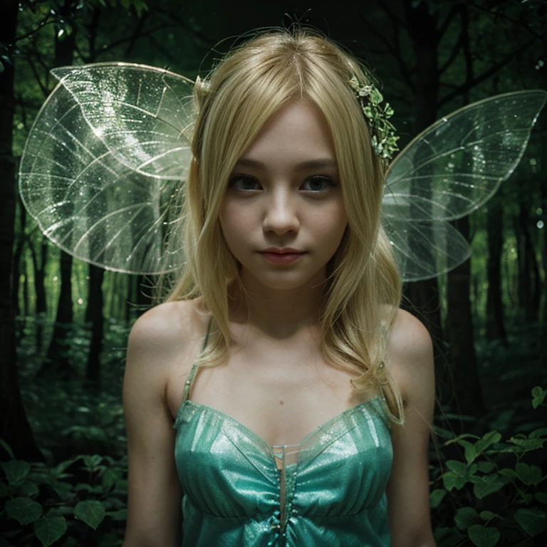 a young fairy, with blonde hair, floating in the dark forest, with transparent wings, beautiful face