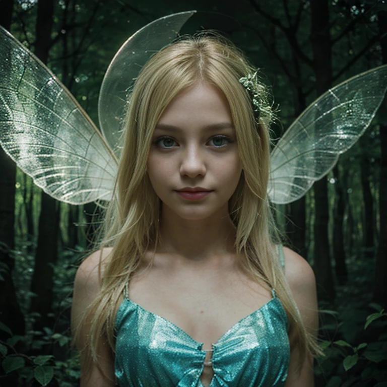 a young fairy, with blonde hair, floating in the dark forest, with transparent wings, beautiful face