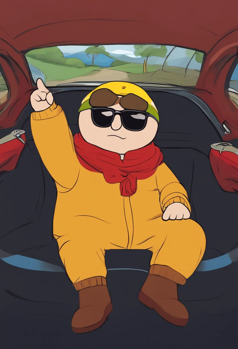 A picture of Cartman sitting in a fancy sports car, wearing sunglasses and making a peace sign,South Park,Eric Cartman, a character from the animated TV series “South Park,” is easily recognizable with his round, chubby figure, often clad in a red jacket, yellow mittens, and a blue hat with a yellow pompom. His small, beady eyes and often smug expression reflect his mischievous and sometimes malevolent personality., male