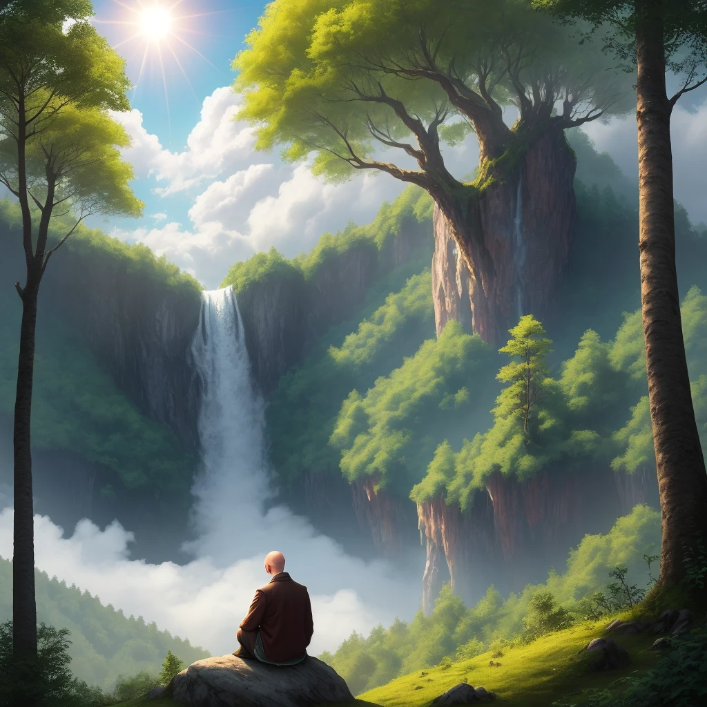 a man with a taures head siting on the mountain that he sit like a meditation between green nature landscape and sun shining on tall trees and waterfalls and sky full of clouds and rainbows