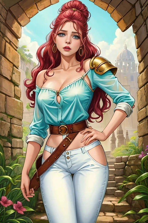 alchemist, ginger woman. auburn hair. braids, loose white shirt, ((completely unbuttoned, showing navel and cleavage)), leather pants, potion belt, detailed background ancient ruins (small_breasts:1.1)