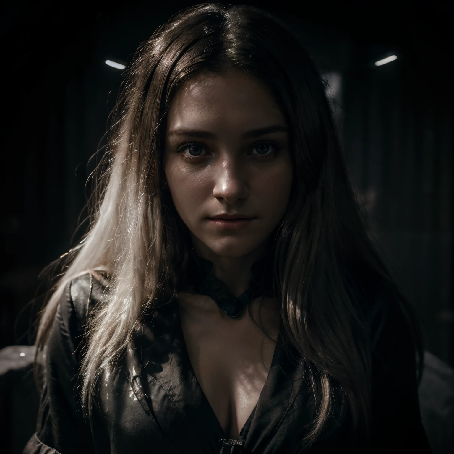 (front focus),(in the dark:1.6), Hyperrealist portrait of female by david hockney and alphonse mucha,fantasy art, photo realistic, dynamic lighting, artstation, poster, volumetric lighting, very detailed faces, 4 k, award winning,, 1girl, in the dark, deep shadow, low key,cowboy shot,(official clothing:1.4) ,long hair,white hair,