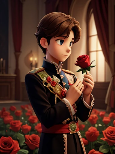 a hear broken prince, tearing with a red rose in his hands