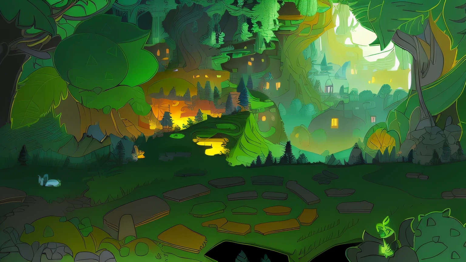 Coloring page of cartoon forest with many animals, 2D Game Line Art Behance HD, 2D Game Line Art Behance HD, stylized lines, Line work concept art, elf forest background, clean linework, Coloring book outline, fantasy forest environment, Magic Fantasy 2D Concept Art, steampunk forest background, Silent falloff shading