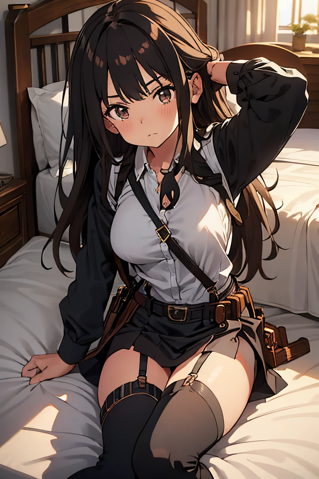 Brown hair、watching at viewers black suspenders Bulging big breasts walls: Black miniskirt garters Gaze Small face bangss holster Belt Armament Beautuful Women srestrained hands up Lying in bed Leg holster lying on the bed Gaze black boots panty shot