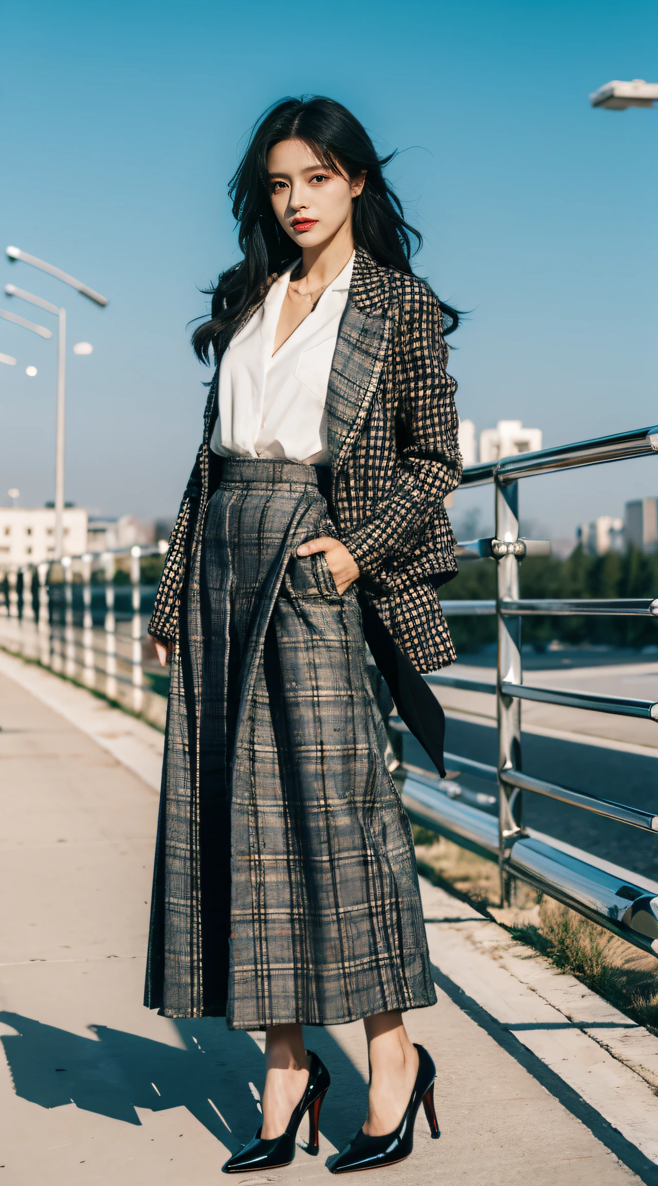 Best quality at best,tmasterpiece,超高分辨率,(realness:1.4),RAW photogr,hyper HD，8K，There is one girl，Stylish clothes,Chanel style，Stylish skinny suit, wearing jacket and skirt,high-class fashion，ellegance, Long skirt and short jacket,best selling, high-heels，Casual pose