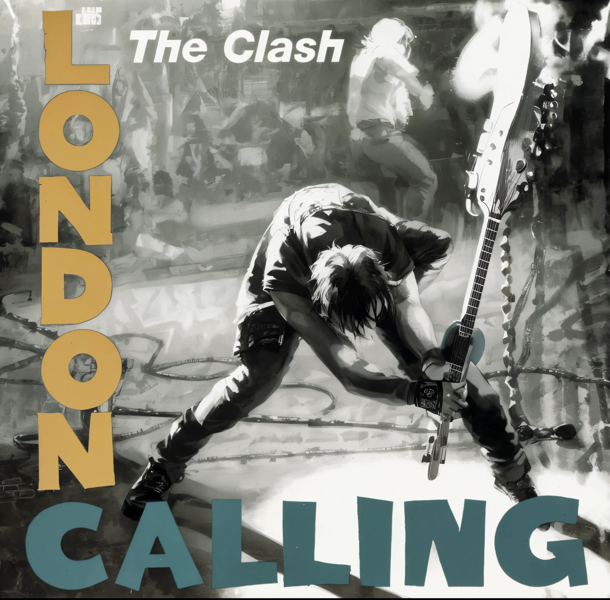 arafed image of a man on a stage with a guitar, clash, promo art, looming, album art, cover art, by Glen Angus, punk rock album cover art style, london, official artwork, cash, box art, album art cover, punk album cover, lou, crass, hq artwork, radiohead album art cover