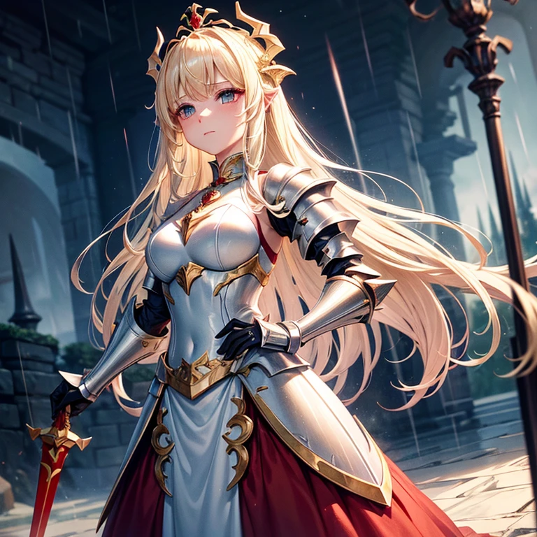 Blonde princess in a glittering white dress、During transformation、Red and black armor、armor shaped like a dragon、(dragon installation)、Wear fighting spirit in your body、Gauntlets in both hands、a large spear stuck in the ground、black cloudy sky、Pouring rain