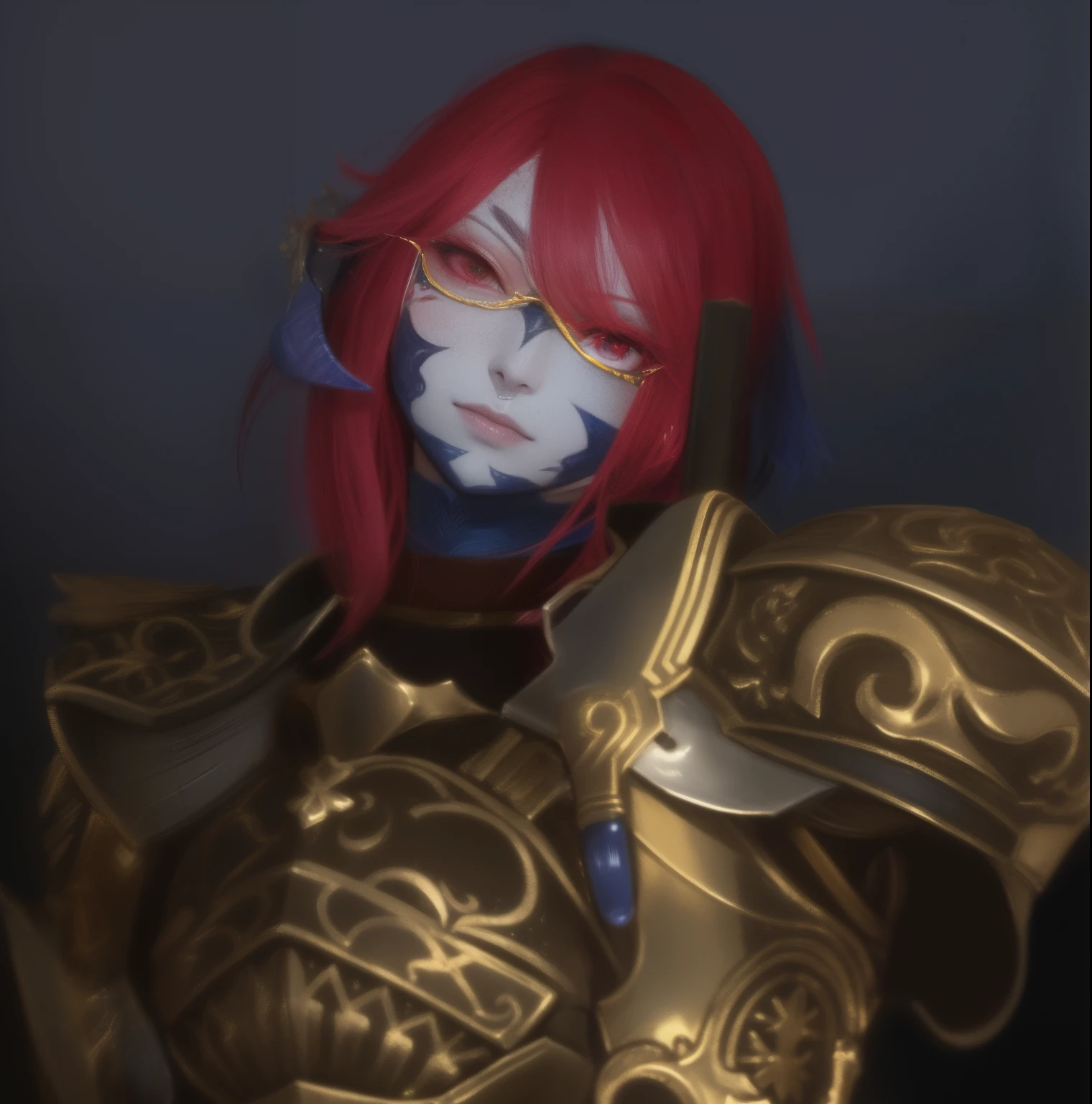 hay una mujer disfrazada con pelo rojo, pero la armadura cubre su rostro, Enfoque de armadura en la cara, roguish smirk, usar coraza brillante, usando armadura ornamentada, Retrato de Dragoon, Mujer Templaria pelirroja, Estilo Final Fantasy 14, Retrato Caballero Femenino, tranding en pxiv, piel azulada, cuernos a los lados de la cabeza apuntando hacia adelante, Au'Ra