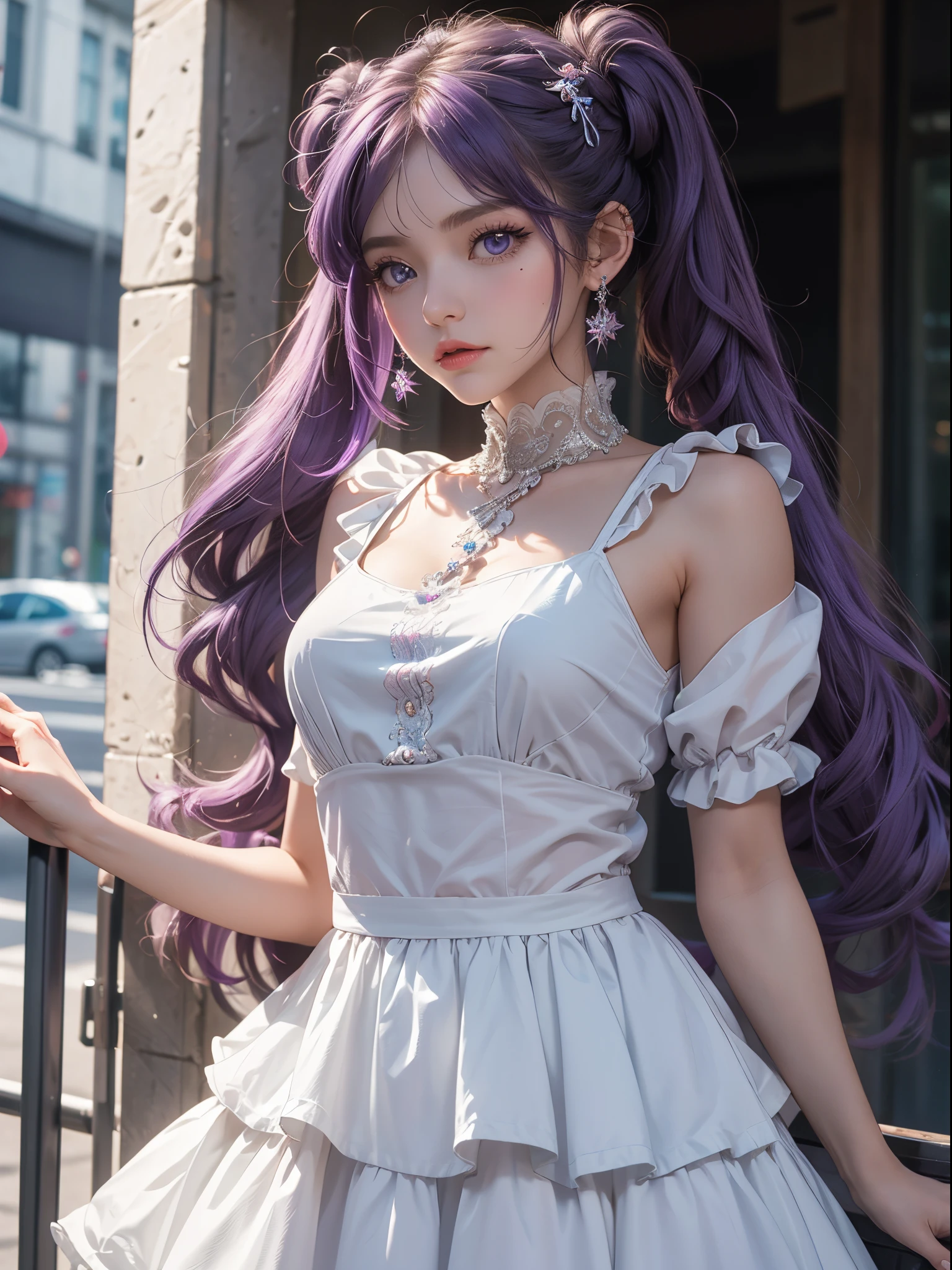 1girl,Altas, alta qualidade, master part, mxmkVestido Branco, ombro nu, Purple eyes, vestido branco, pigtail, de perfil, corpo inteiro