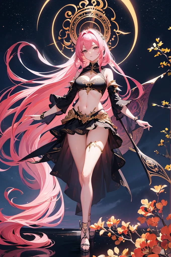 (intricate, elegant, highly detailed, digital painting), Celestial Filigree, (Accent Lighting)), 8K, (rich symbolism:1.2), (High Contrast), (150 mm), 1girl, pink hair, glossy hair, long hair, gold top crop, cleavage, navel, mini-skirt, , walkin from the river, night time, fierce looking