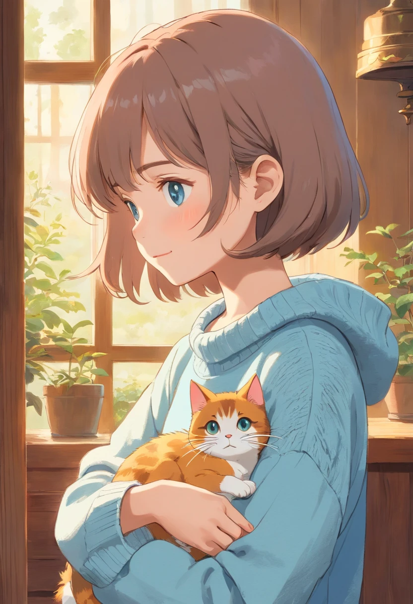 childhood playmate,exquisite facial features,Delicate face holding cat in profile wearing light blue sweater