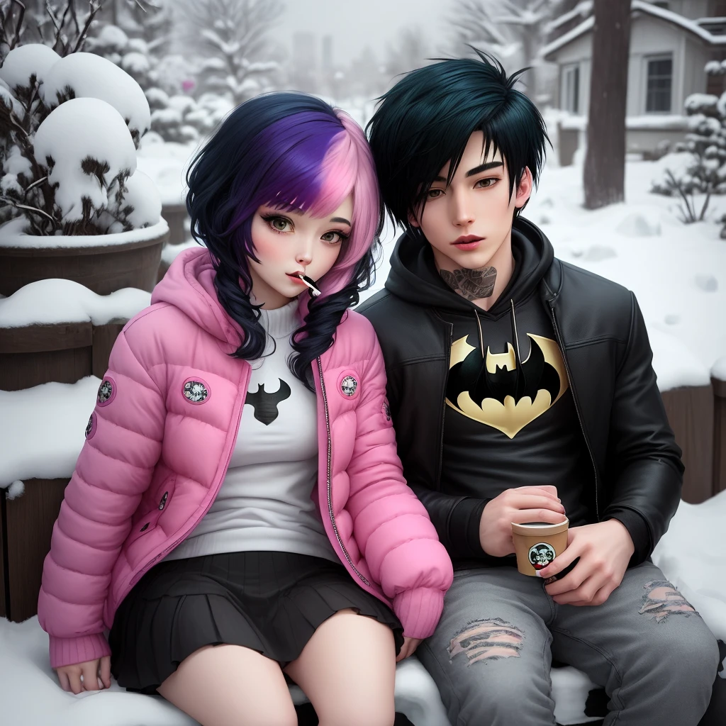 Hello kitty with pink and black split dye hair, emo, winter, snow, in love with Batman, him by her side, both smoking a blunt full of weed