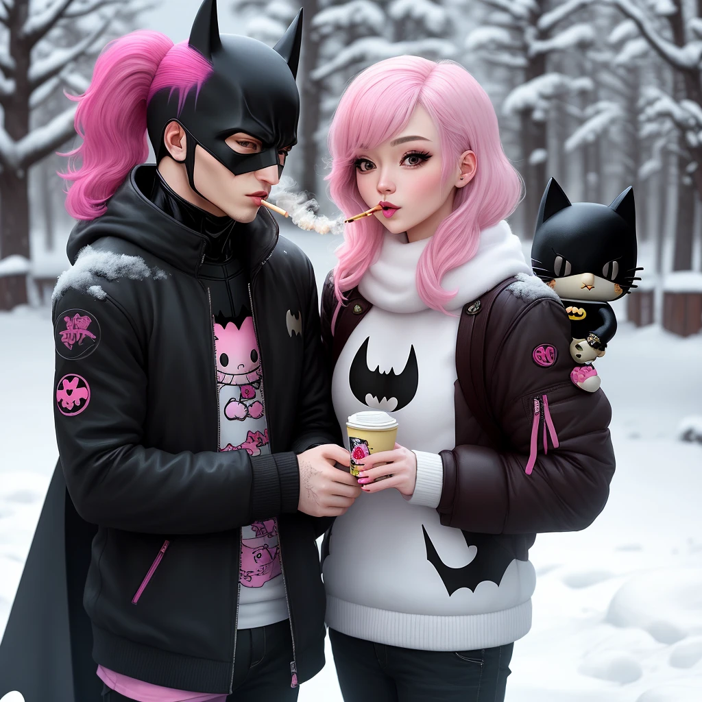 Hello kitty with pink and black split dye hair, emo, winter, snow, in love with Batman, him by her side, both smoking a blunt full of weed