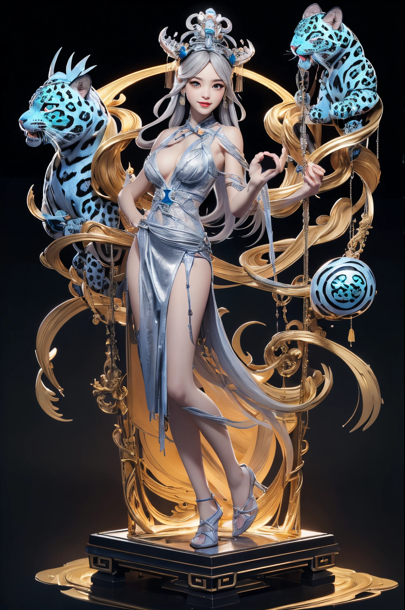 ((Sculpture design)),((full body portrait of person:1.6)),((undying)),((tmasterpiece)),【Create a LOGO based on:(femele),(Chinese mythology:1.5),(Jaguar standing next to woman:1.6),(A MILF,熟妇,mature,big chest and thin waist,long leges,Goddess Fan,Expose breasts exposed,),(dynamicposes),(Enchanting figure),(Perfect woman),(Long layers of silver hair:1.4),ear nipple ring,((Headdress symbolizing God))】,((Fluttering skirts)),(dunhuang:1.2),((Sexual suggestiveness)),(Computer graphic arts:1.4), (s fractal art: 1.2),(( 32K,A high resolution,hyper HD,)), (( Professional Quality,Perfect photography, ray traycing, perfect volumetric lighting, hight quality octane render, High quality vectors)), ((hyper-detailing:1.2,Complicated details:1.2)), ((ultra real photo,フォトリアリスティック,3 Rendering)),((epic image)),(Blind box toy style:1.6),((simple backgound,Deep dark background:1.2,with black background)),((Detailed faces)),((詳細な目)),((Clean the skin)),(correct hand:1.6),(Complete and beautiful five fingers:1.6),(anatomically correct limbs:1.6),(Anatomically correct perspective and occlusion:1.5),(Correct anatomy:1.5),(Add a base:1.6),(Tangled pedestal::1.6),(Character centered:1.4),