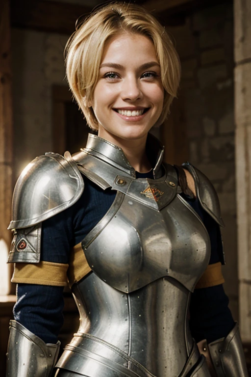 female, blond hair , armor, warrior, short hair, big smile