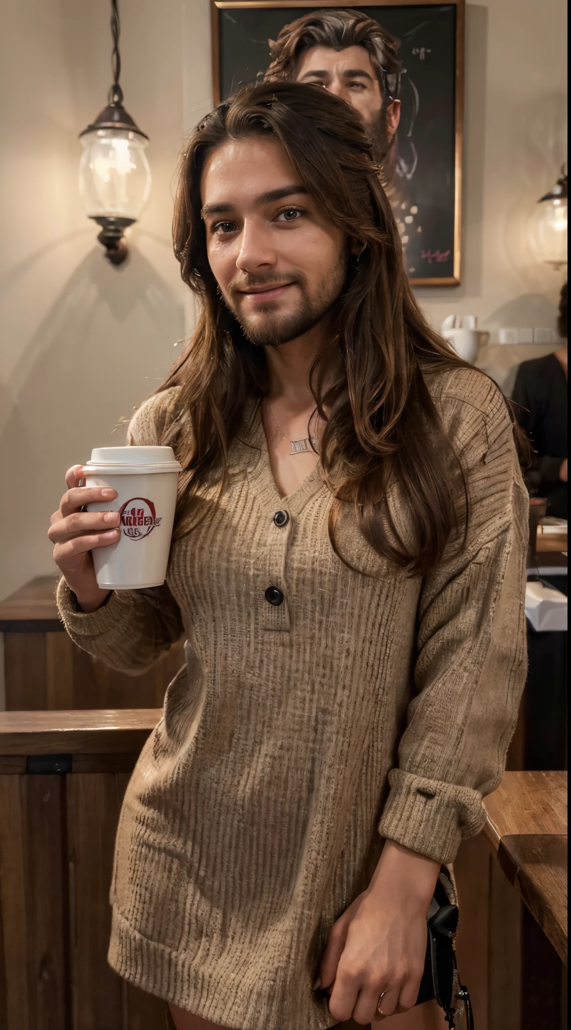 (best quality,4k,highres,ultra-detailed,realistic:1.37),vibrant portrait,beautiful cafe worker lady with a beard,long beautiful hair,manly chiseled face,expressive eyes,lovely smile,stylish outfit,confident stance,coffee cup,cozy atmosphere,artistic lighting,rich color palette,bokeh