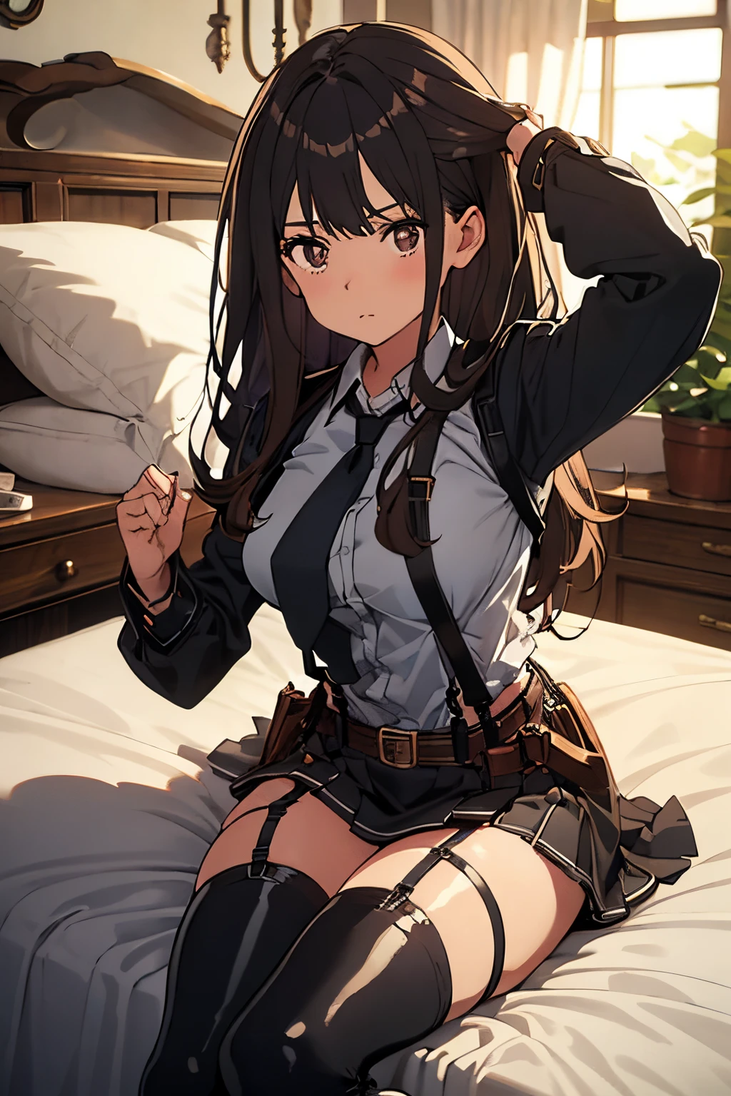 Brown hair、watching at viewers　　　black suspenders　　　Bulging big breasts　　 　 　　　walls: 　Black miniskirt　garters　　　　　　Gaze　　　Small face　bangss 　　　holster　　Belt Armament　Beautuful Women　srestrained　hands up　Lying in bed　Leg holster lying on the bed　　Gaze 　black boots panty shot