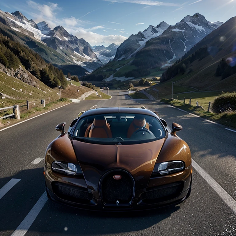 a bugatti veyron car driving along a stunning road in the Swiss Alps on a beautiful winter morning, illuminated by the sun's rays, ultra-realistic, multi-detailed, intricate, cinematic