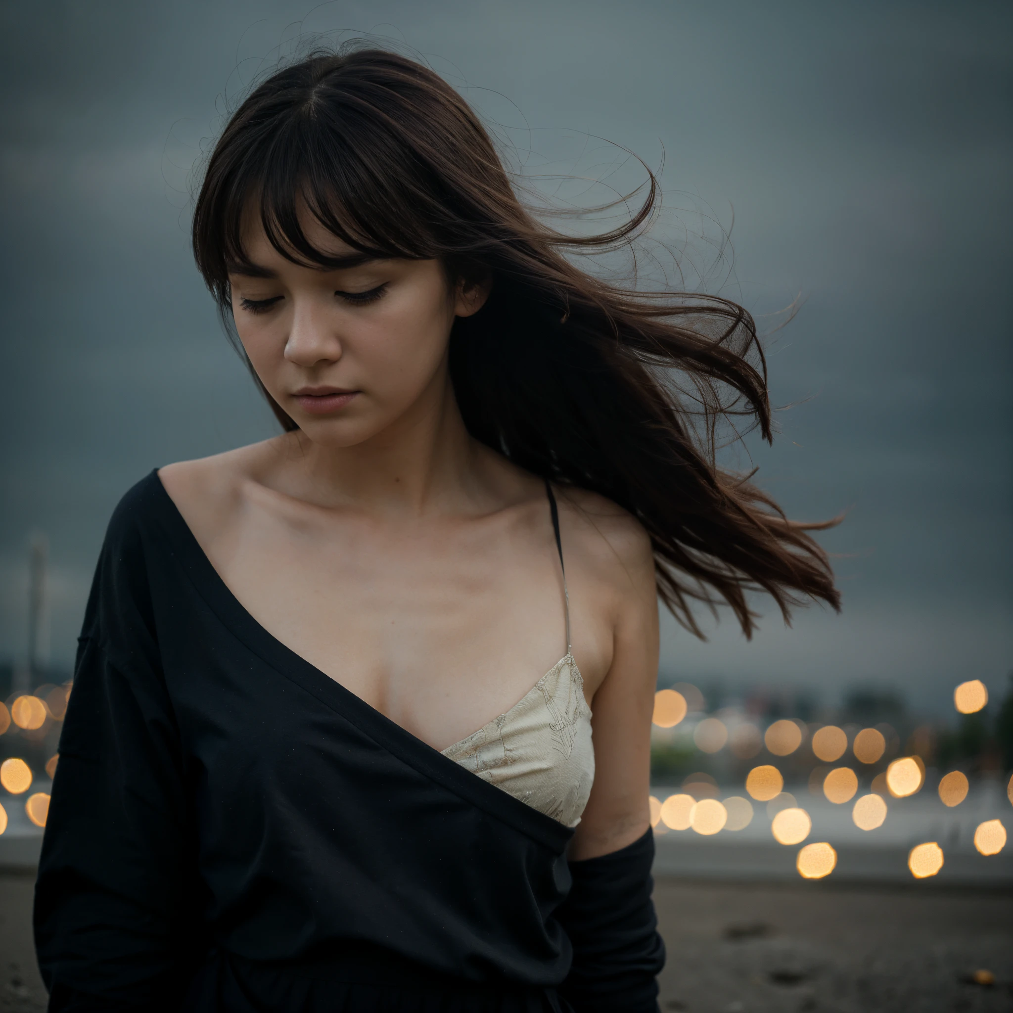 (best quality, masterpiece), 1girl, looking down, wind, particle, simple background, dark mood, upper body