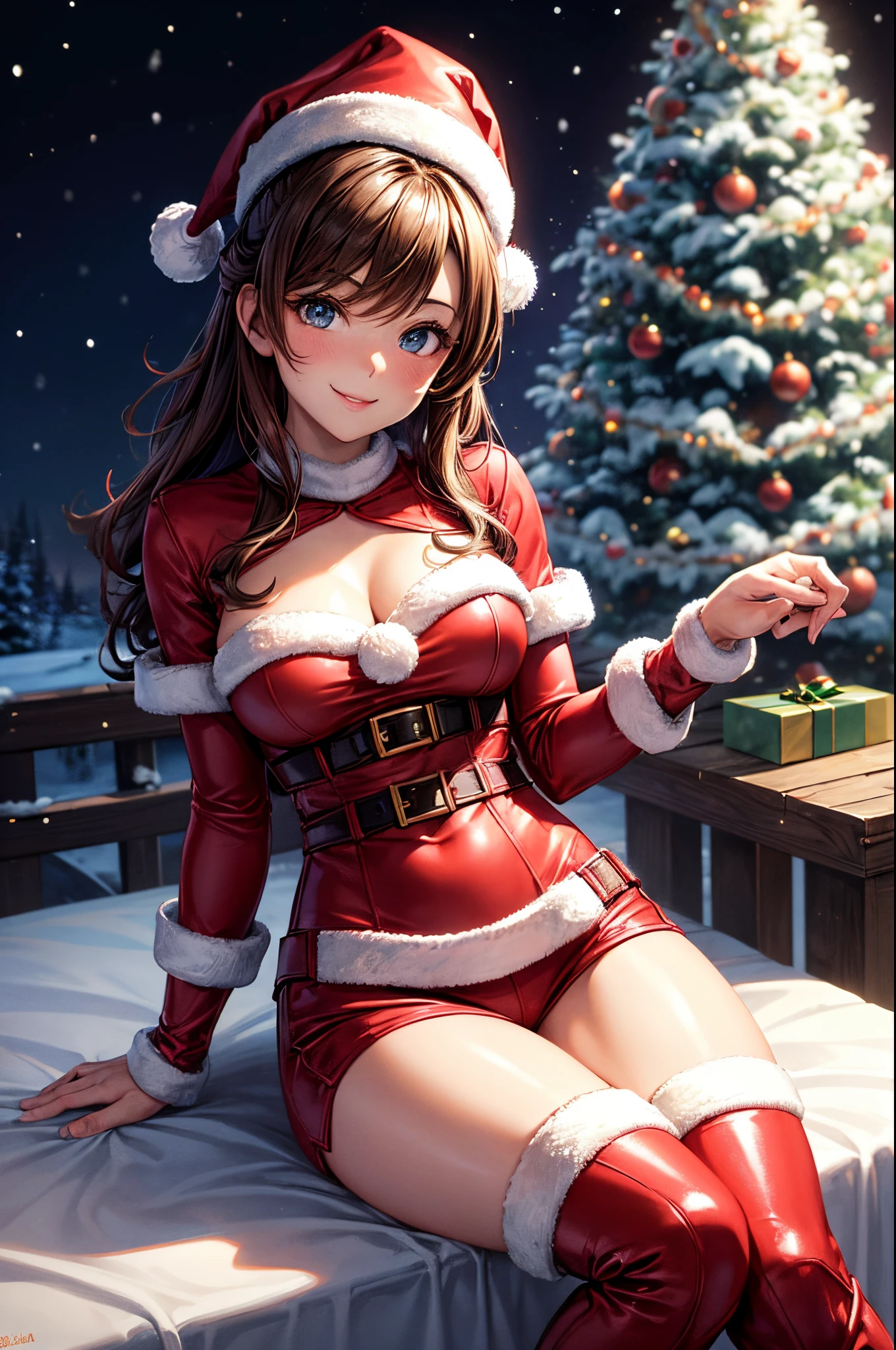 sksbrooke person, sksbrooke, (masterpiece:1.2), (best quality:1.2), perfect eyes, perfect face, 1girl, solo, brown eyes, (medium breasts), perky breasts, seductive look, santa outfit with santa hat and thigh high red boots, nighttime snow village with christmas tree lit in the background, standing, sitting in santa chair, back view, smiling, looking over shoulder