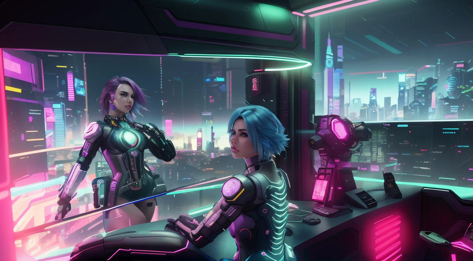 Cyber woman in a futuristic room with city background, cyberpunk art ultrarealistic 8k, cyberpunk with neon lighting, Futuristic cyberpunk scenarios, cyberpunk women, In a cyber-punk style, hyper-realistic cyberpunk style, cyberpunk 2 0 y. o Model girl, bright cyberpunk glow, in cyber punk 2077, in the cyberpunk city, Cyber Universe Style, futuristic cyberpunk crazy psychedelic　hyper-futuristic city　Caucasian nude model
