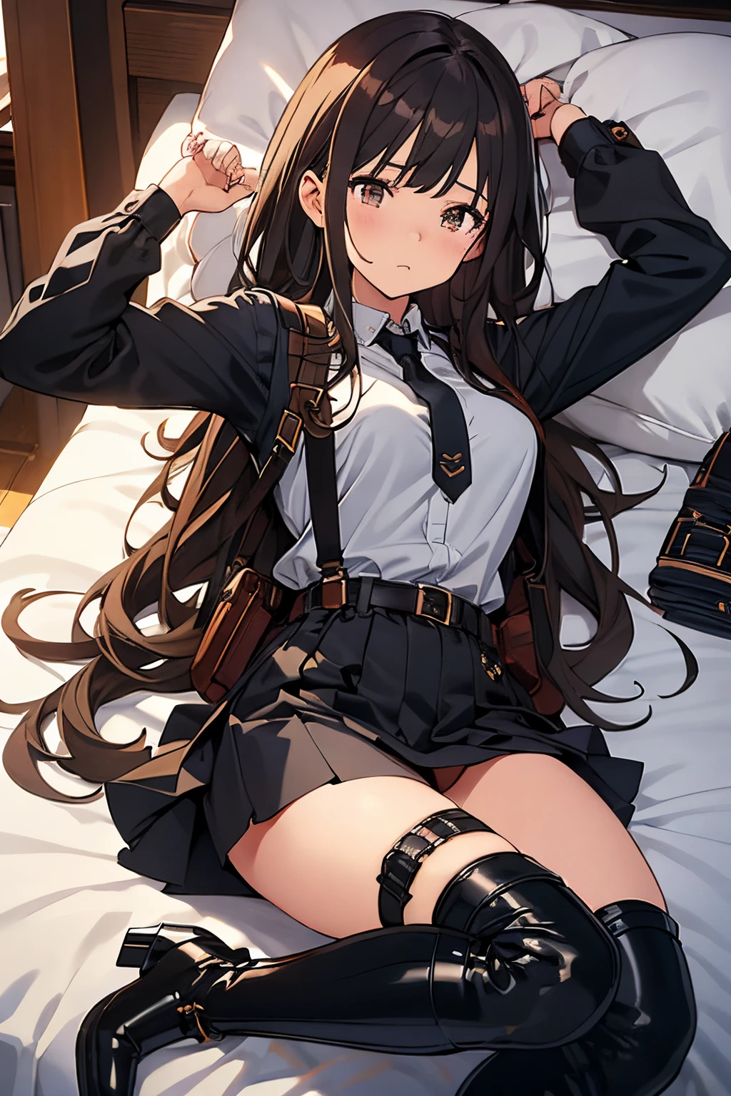 Brown hair、watching at viewers black suspenders Bulging big breasts walls: Black miniskirt garters Gaze Small face bangss holster Belt Armament Beautuful Women srestrained hands up Lying in bed Leg holster lying on the bed Gaze black boots panty shot
