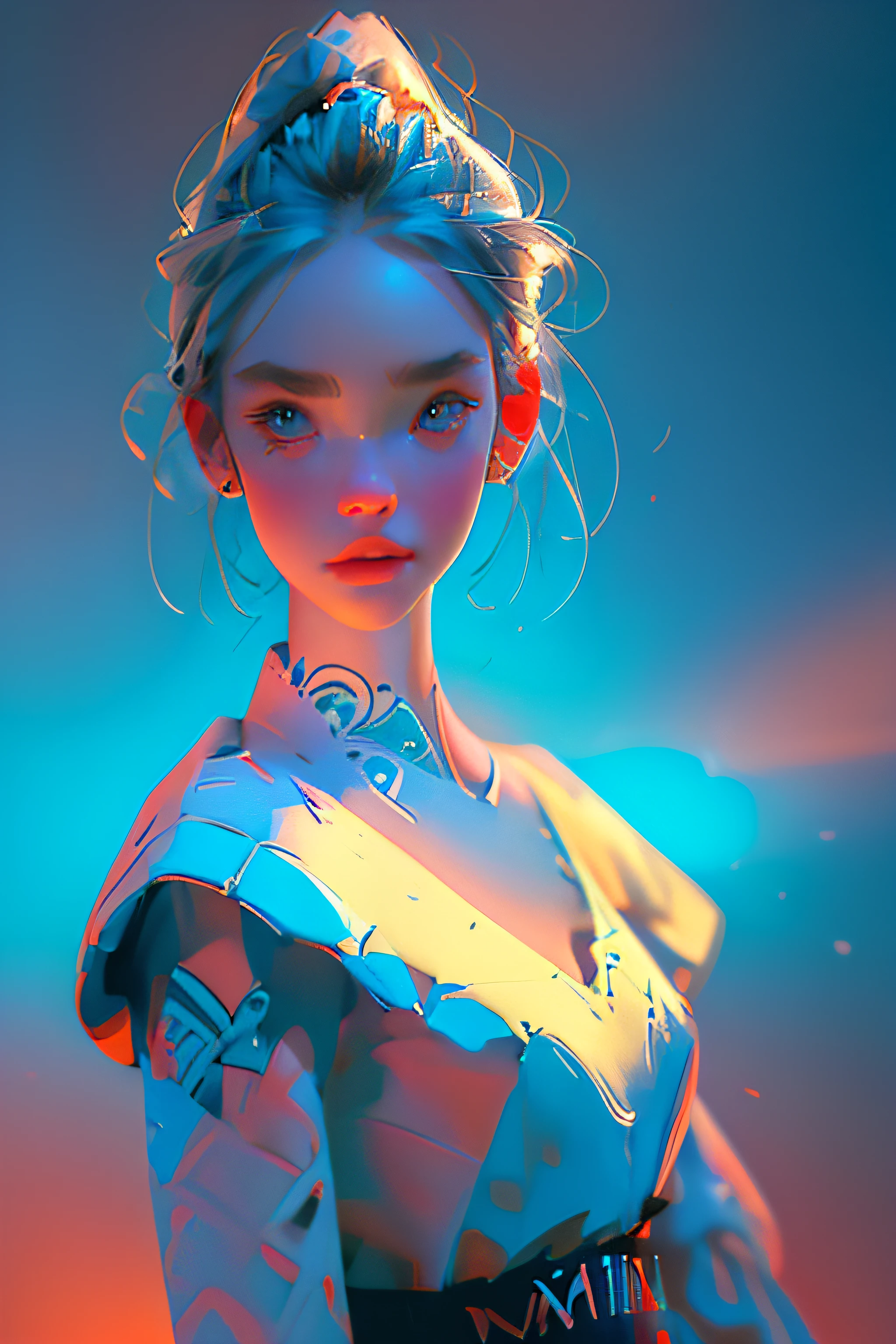 (Best quality,A high resolution:1.2),The face and eyes are very detailed,beautiful detailed lips,blue and white porcelain pattern dress,1 busty girl,vibrant with colors,Focus sharp,fine art,Ultra-fine painting,Studio lighting