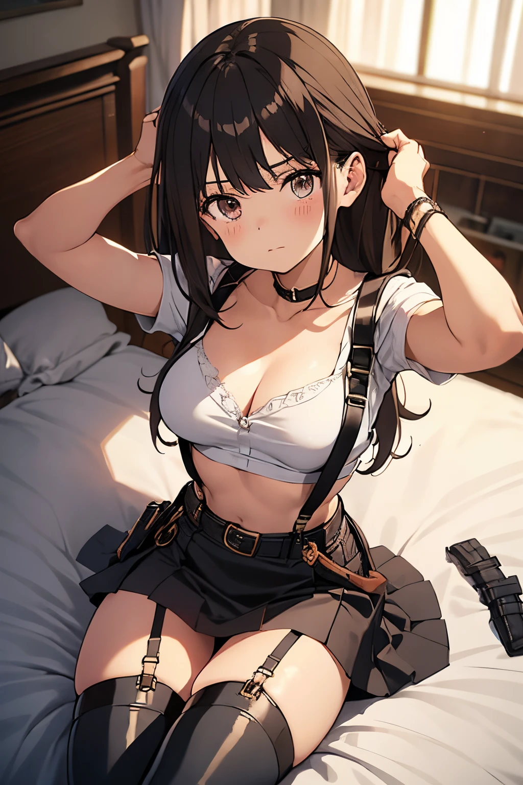 Brown hair、watching at viewers black suspenders Bulging big breasts walls: Black miniskirt garters Gaze Small face bangss holster Belt Armament Beautuful Women srestrained hands up Lying in bed Leg holster lying on the bed Gaze black boots panty shot