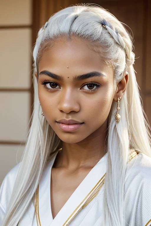 tmasterpiece, Best quality at best, wear kimono closed, luxurious kimono, androgyne,beautiful young woman, mixed African woman, light skin, shinning eyes,18 years old, (detailedpupils:1.2),Pure princess, eyeslashes, Beautiful white hair,white eyebrow, Striped hair,hair totally white, multicolour, long hair,hair and facial hair and eyebrow are all white, the perfect face, A detailed,dark skin, very beautiful, delicate beauty, simply hairstyle, no flower, nothing in the hair, perfect and innocent delicate young face, norvergian Facial features, like mixing Zendaya and Adrianna Lima