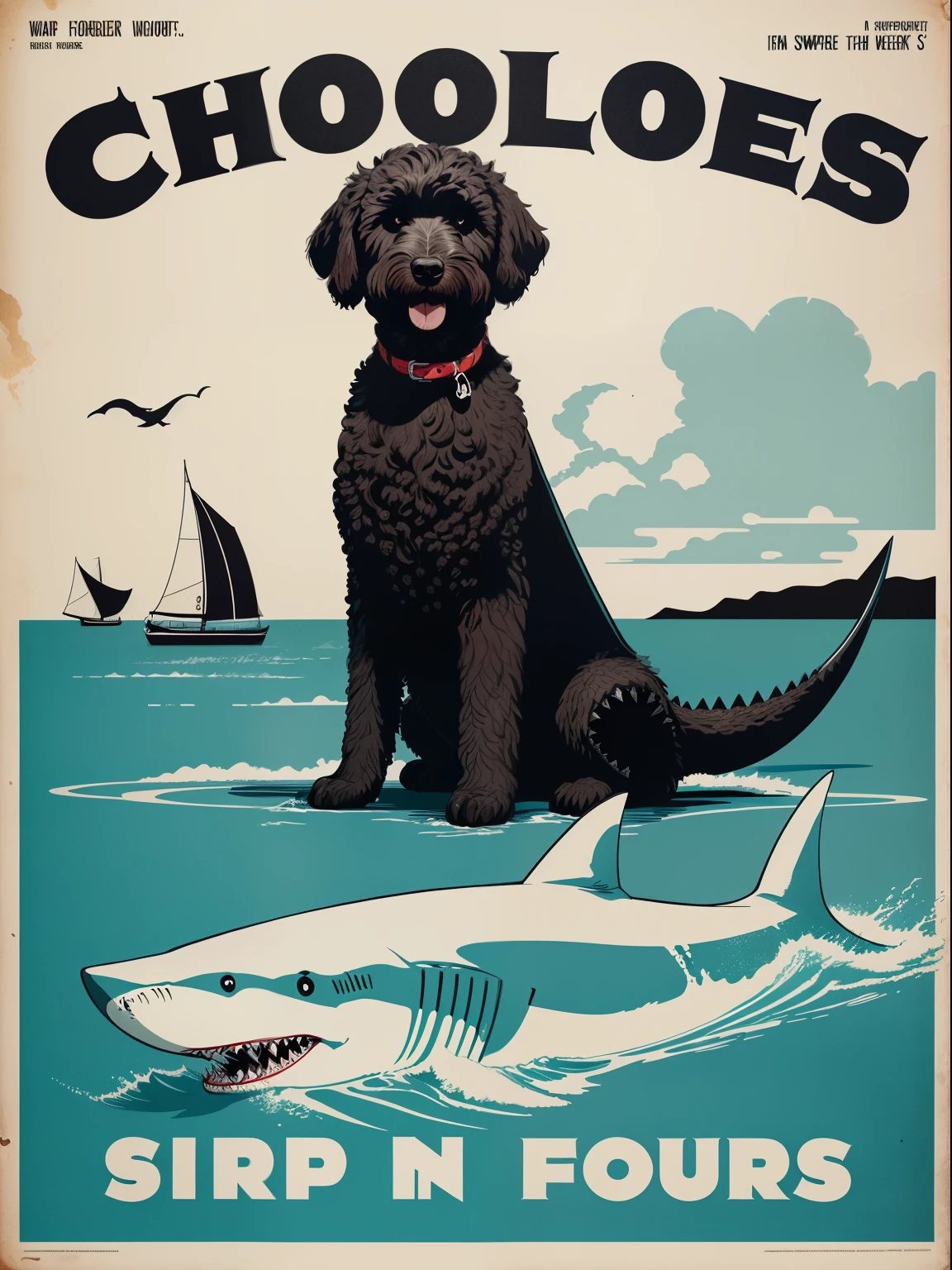 ink poster, 1930's horror poster, horror flick about a chocolate labradoodle who is half shark, teeth, simple color palette, bold colors, english letters ,Swiss International style, simple figures, beach background,
