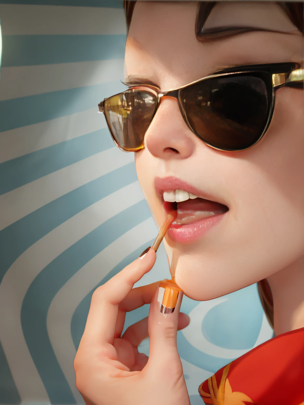 There is a woman wearing sunglasses drinking coffee, Inspired by Metzberg, Inspired by Chris Labroy, by Marzberger, clemens ascher, Focus on the coffee cup in hand, Inspired by Tom Wesselman, drinking a coffee, Focus on the paper cup in hand, put on sunglasses, perfect crisp sunlight, Girl holding coffee cup in hand, Cute girls, Cute and delicate face, Hayashijiang, chiho, young cute hands, beautiful Japanese girl face, (actual, realistically:1.3),Best quality at best,tmasterpiece,ultra - detailed,lamplight,dynamic angle,Best quality at best,8k wallpaper,sunraise，hand holding yellow paper cup，yellow paper cup, A thick straw between his lips,Upper part of the body
