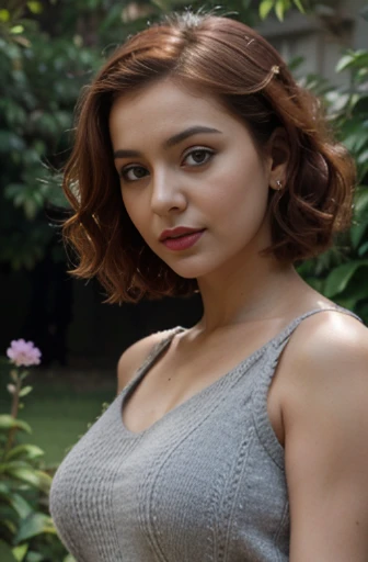 beautiful gorgeous glorious bollywood actress, standing in garden, wearing grey knitted bodycon dress, pretty face, beautiful glorious face, very fine face details, bright eyes, red lipstick, thin nose, red hair, bob cut, curls, very small alluring natural breasts, small round tight breast, not sagging, hourglass figure, perfect body, 4K details, ultra high resolution, skin fine details, full body photoshoot